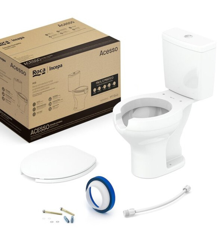 Kit De Bacia Com Caixa Assento Pp Com Abertura Frontal E Complementos De Instalação Acesso Roca I In Branco Brilhante
